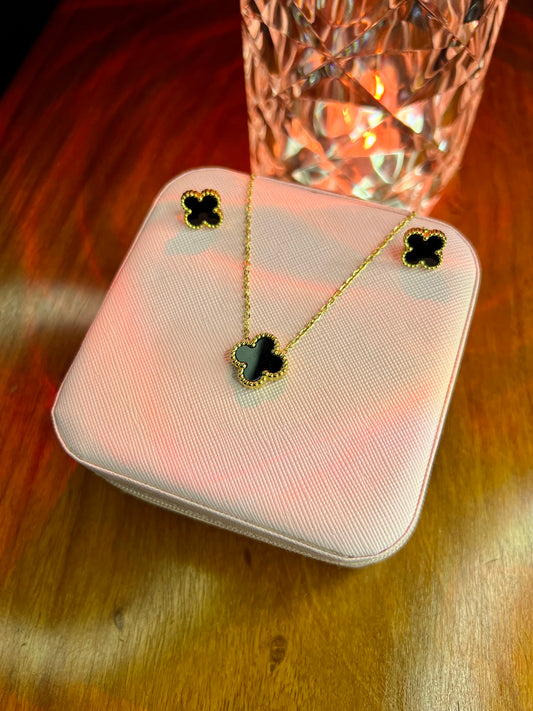 Premium Quality Stainless Steel 18k Black Clover Necklace Earring Set