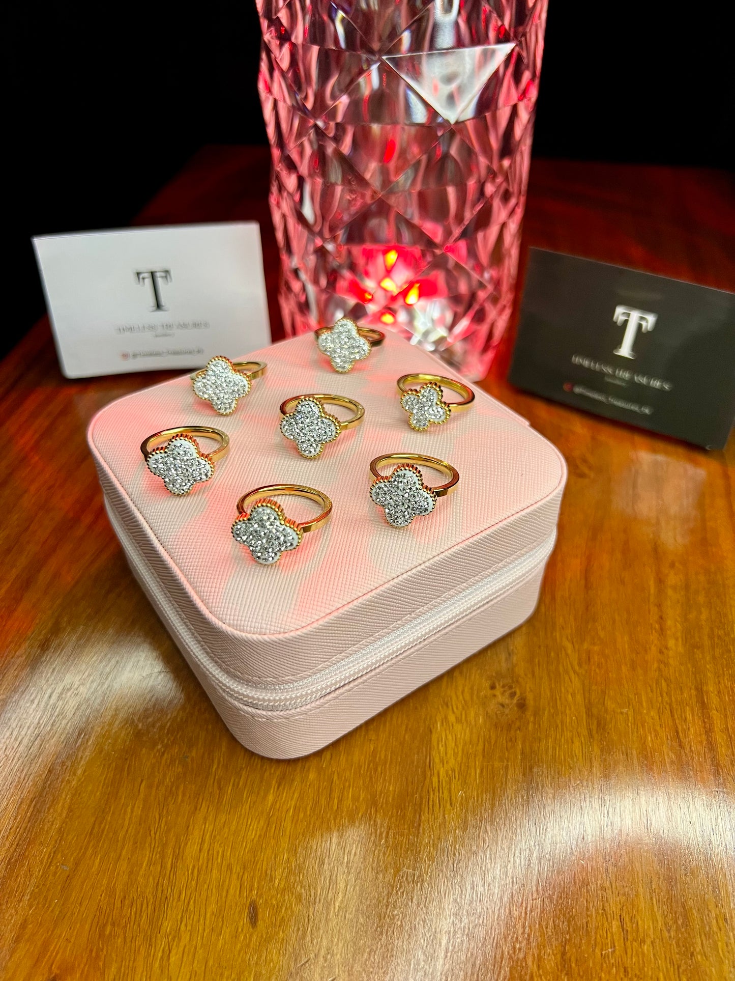 Premium Quality Stainless Steel 18k Silver Clover Diamantés Ring